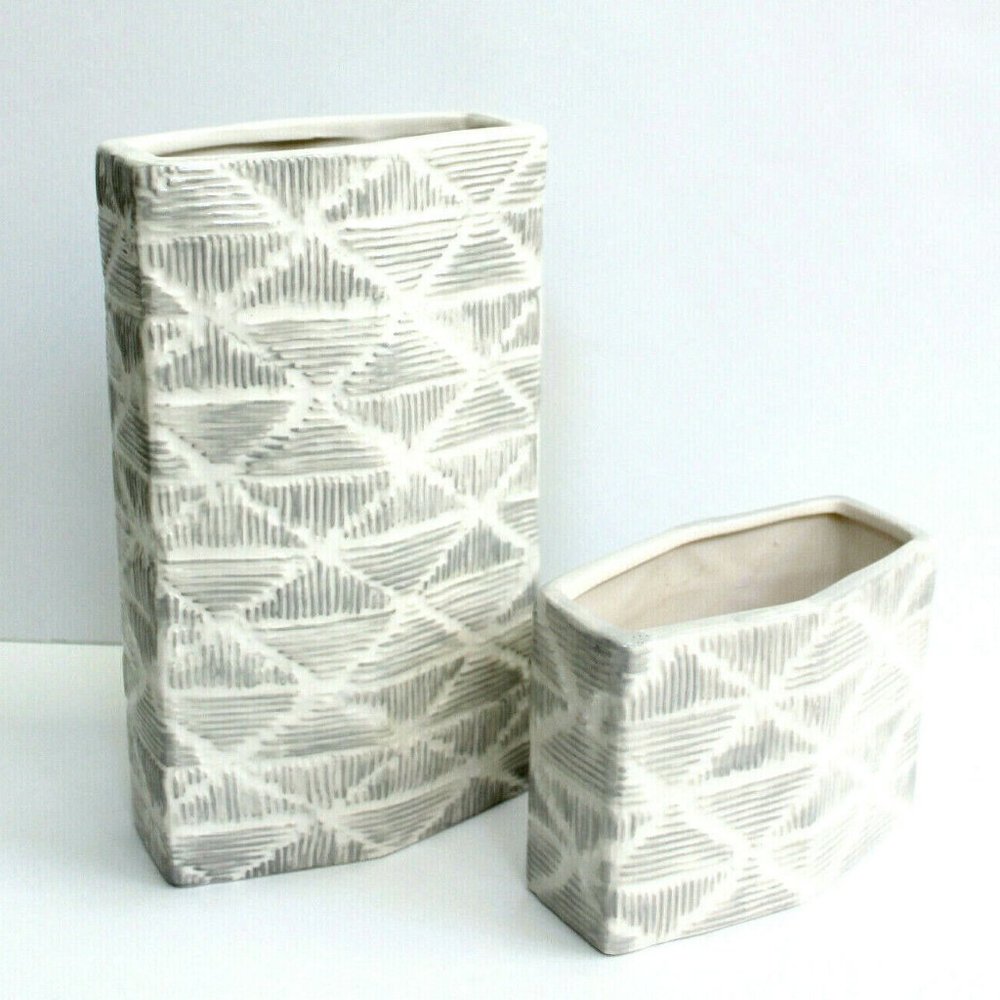 Nate Berkus Etched White & Gray Ceramic Decorative Vase Set of 2